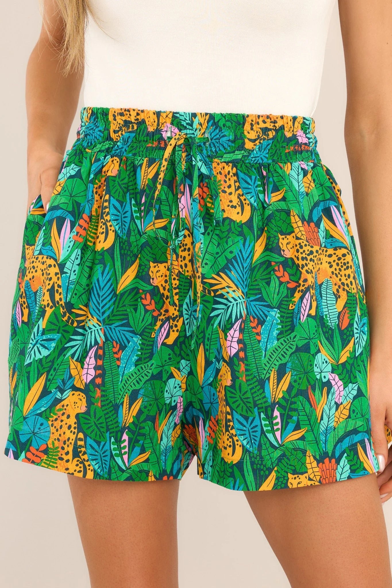 Palms Away - Tropical Print Green Elastic Waist Women's Shorts | Size XS