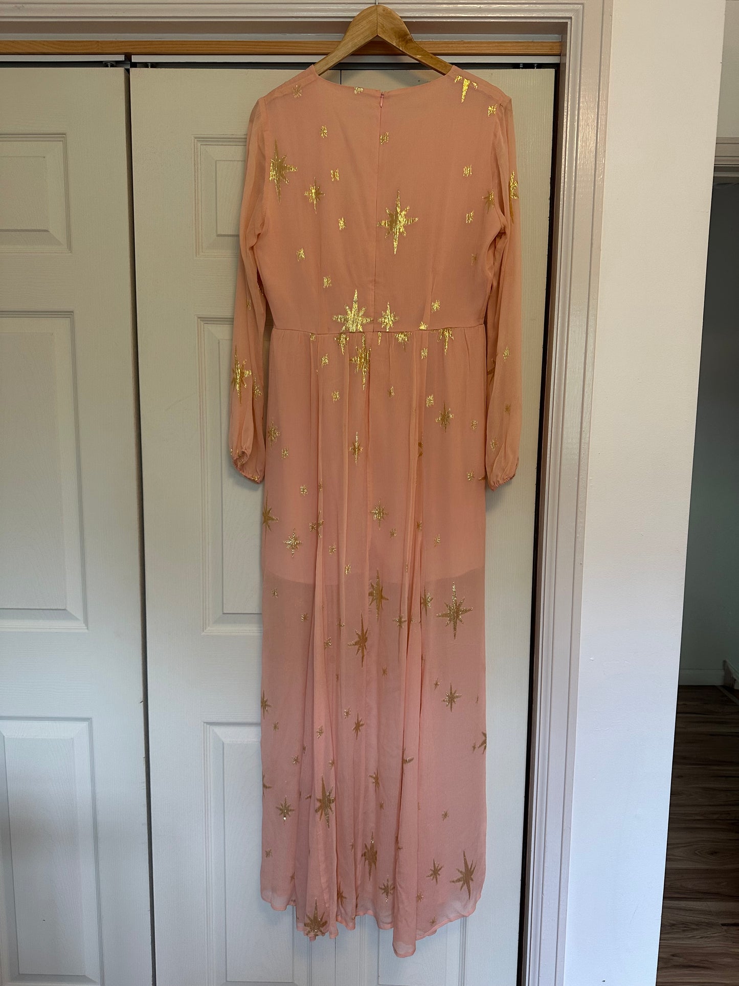 For Love & Lemons Silk Gilded Star Maxi Dress Size Pink Gold Size Large