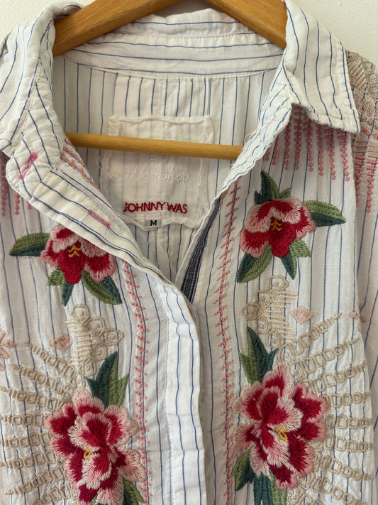 Johnny Was Workshop Striped Floral Embroidered Shirt - Size Medium