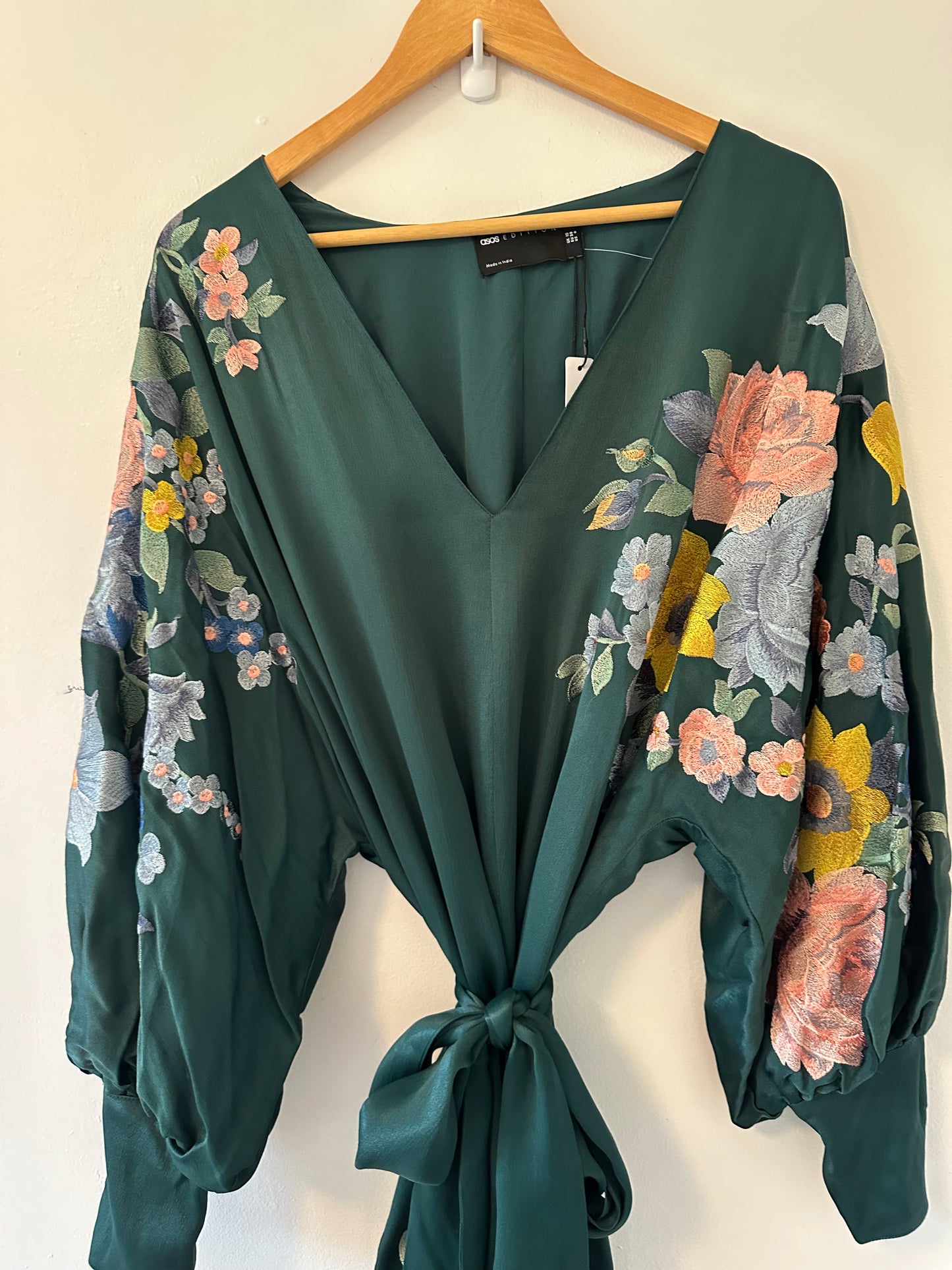 ASOS EDITION Satin Belted Dress with Floral Embroidery in Green - Size 6