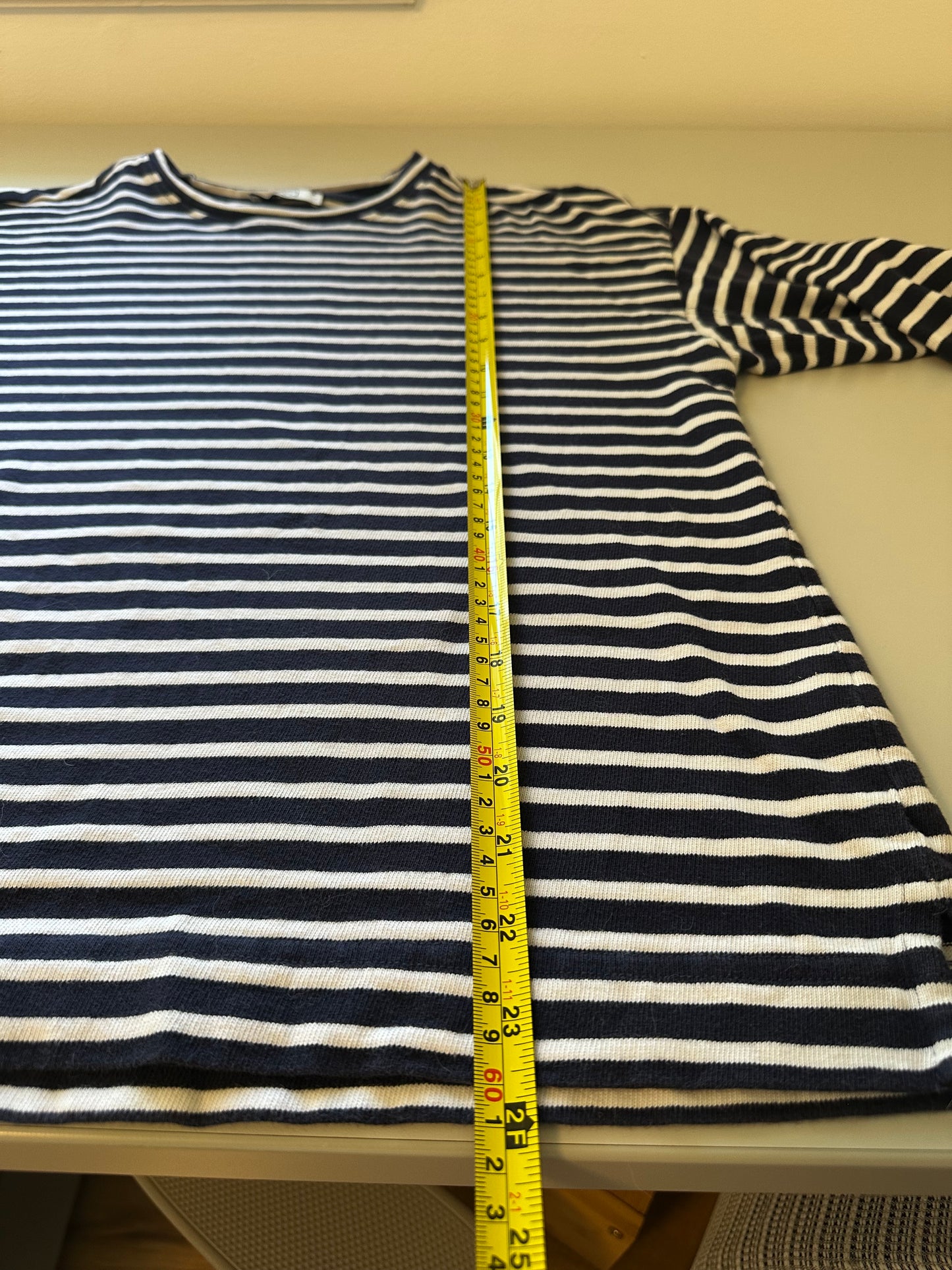 AYR The French Fry Long Sleeve T-Shirt in Navy and White Stripes | Size Large
