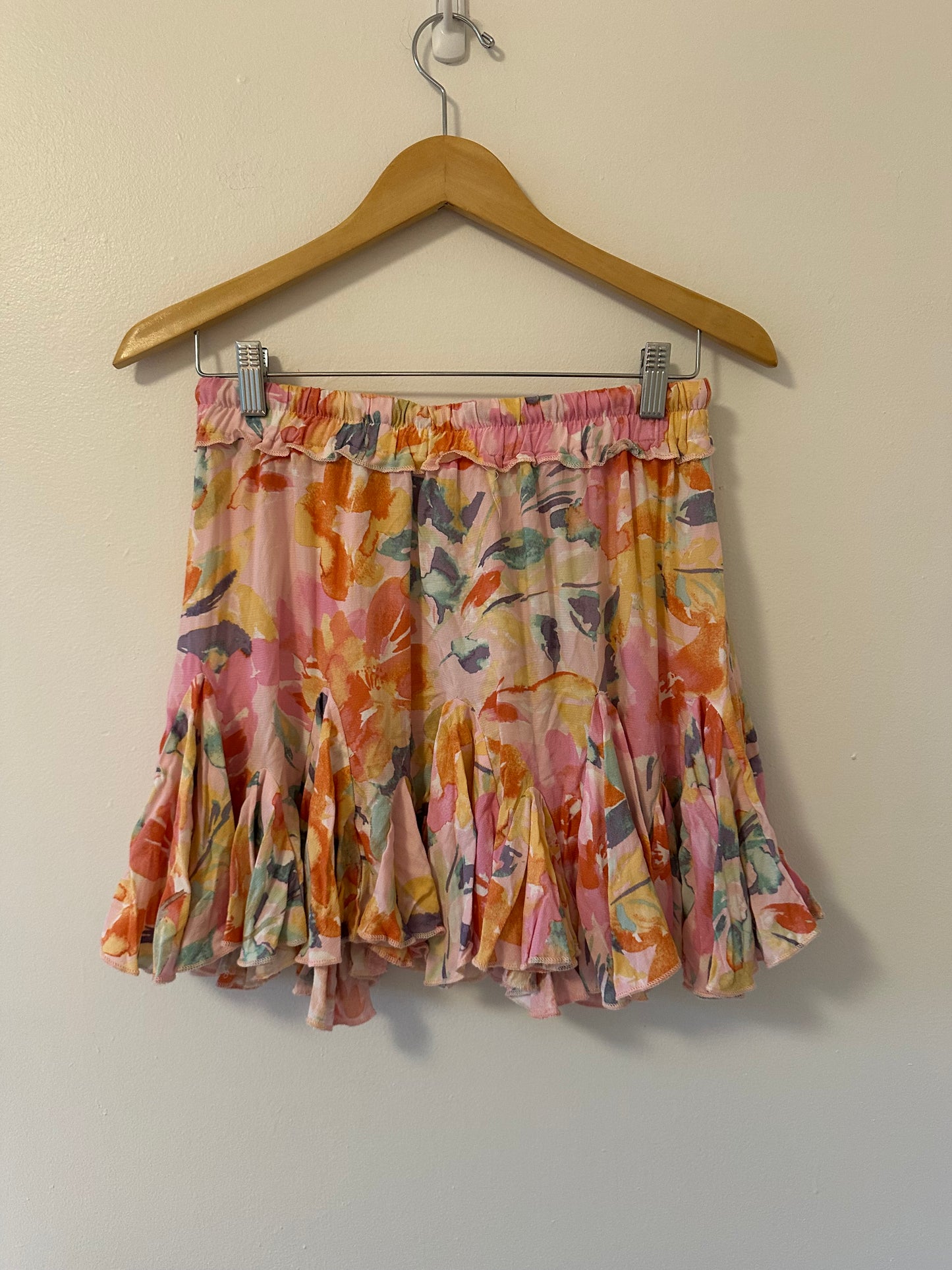 Olivaceous Pink Multicolor Floral Ruffle Mini Skirt - Size Medium