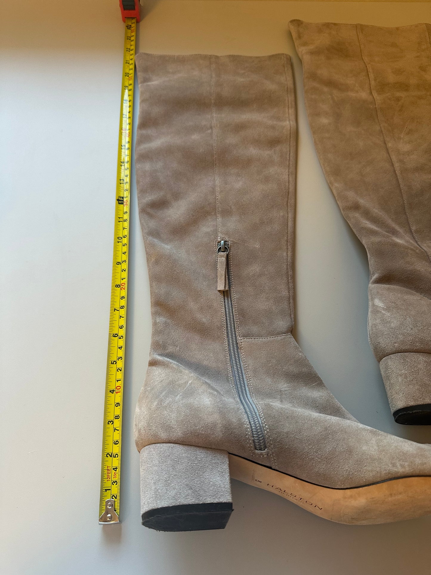 Halston Heritage Light Tan Over the Knee Suede Heeled Boots | Size 8