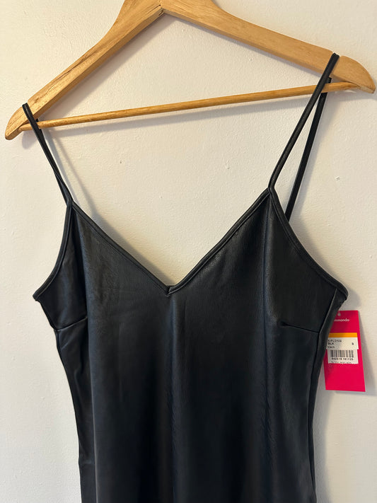 NWT Commando Vegan Faux Leather V-Neck Spaghetti Strap Slip Dress In Black | Size Small