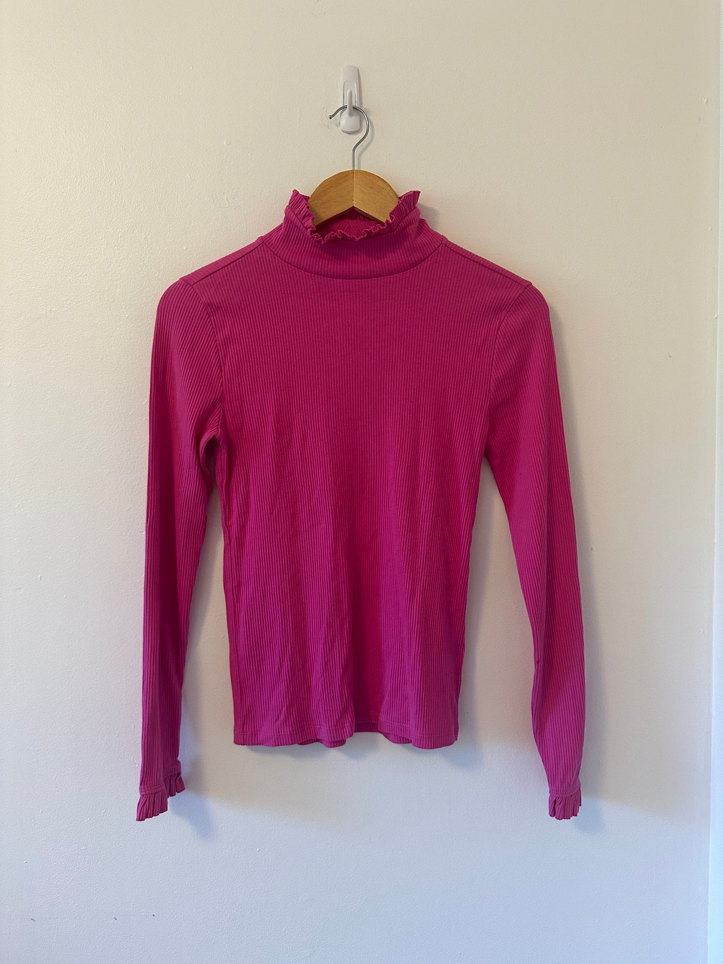 J. Crew - Vintage Rib Knit Pink Ruffled Neck Turtleneck Top | Size Small