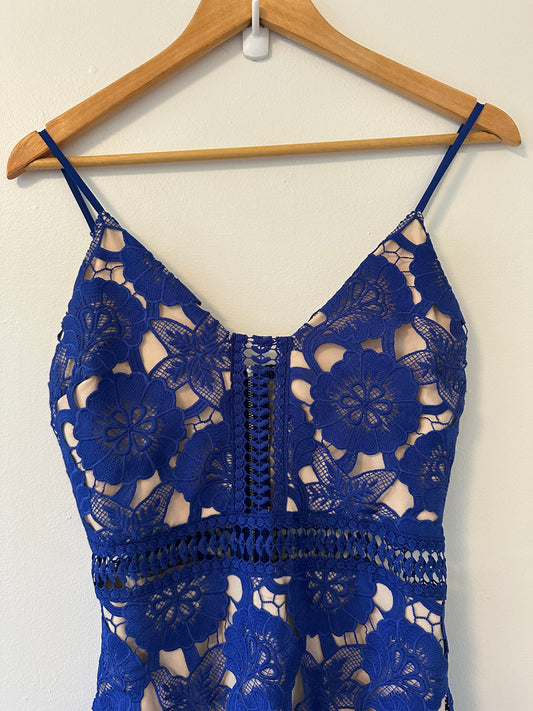 Just Me Mermaid Lace Crochet Midi Dress in Blue | Size Small