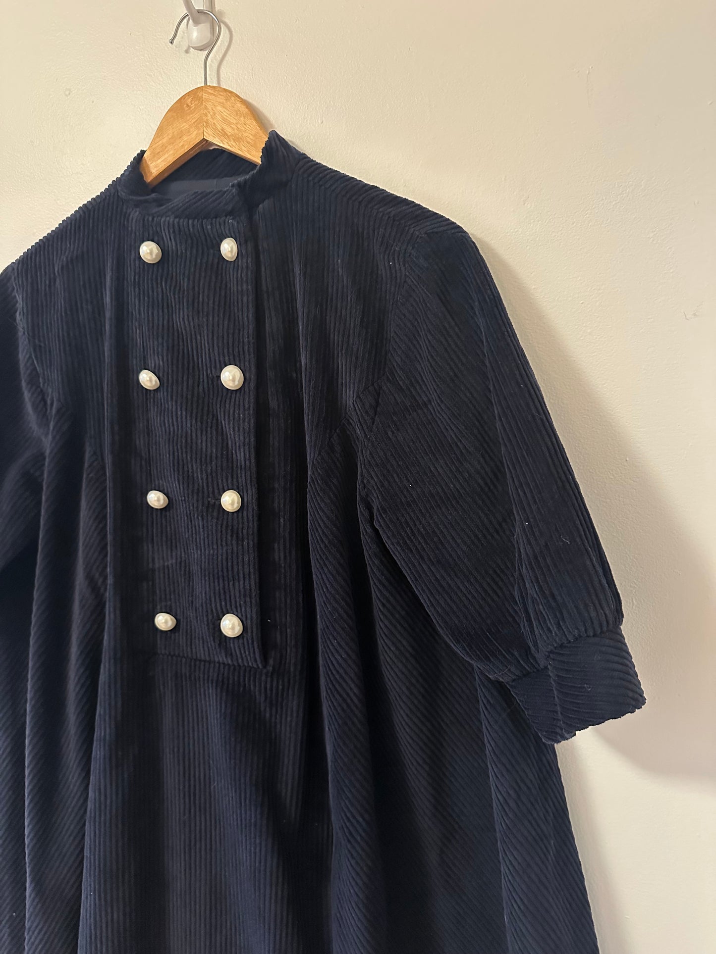 Batsheva Beray Corduroy Coat Double Breasted Mini Dress in Navy | Size XS