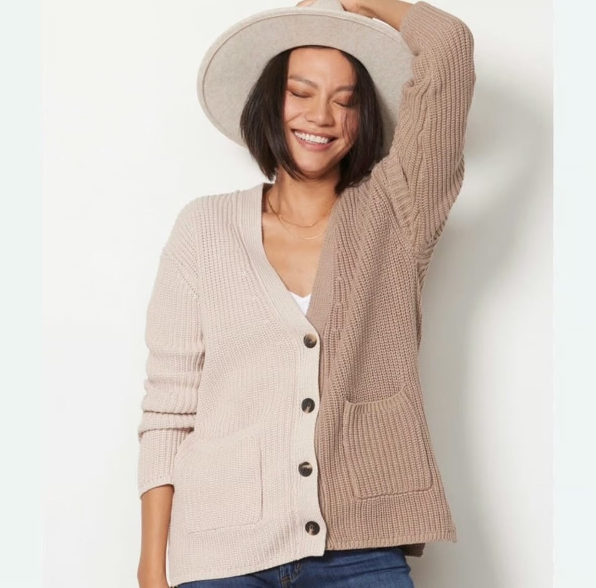 John + Jenn Beige and Tan Women's Colorblock Cotton Cardigan | Size XL