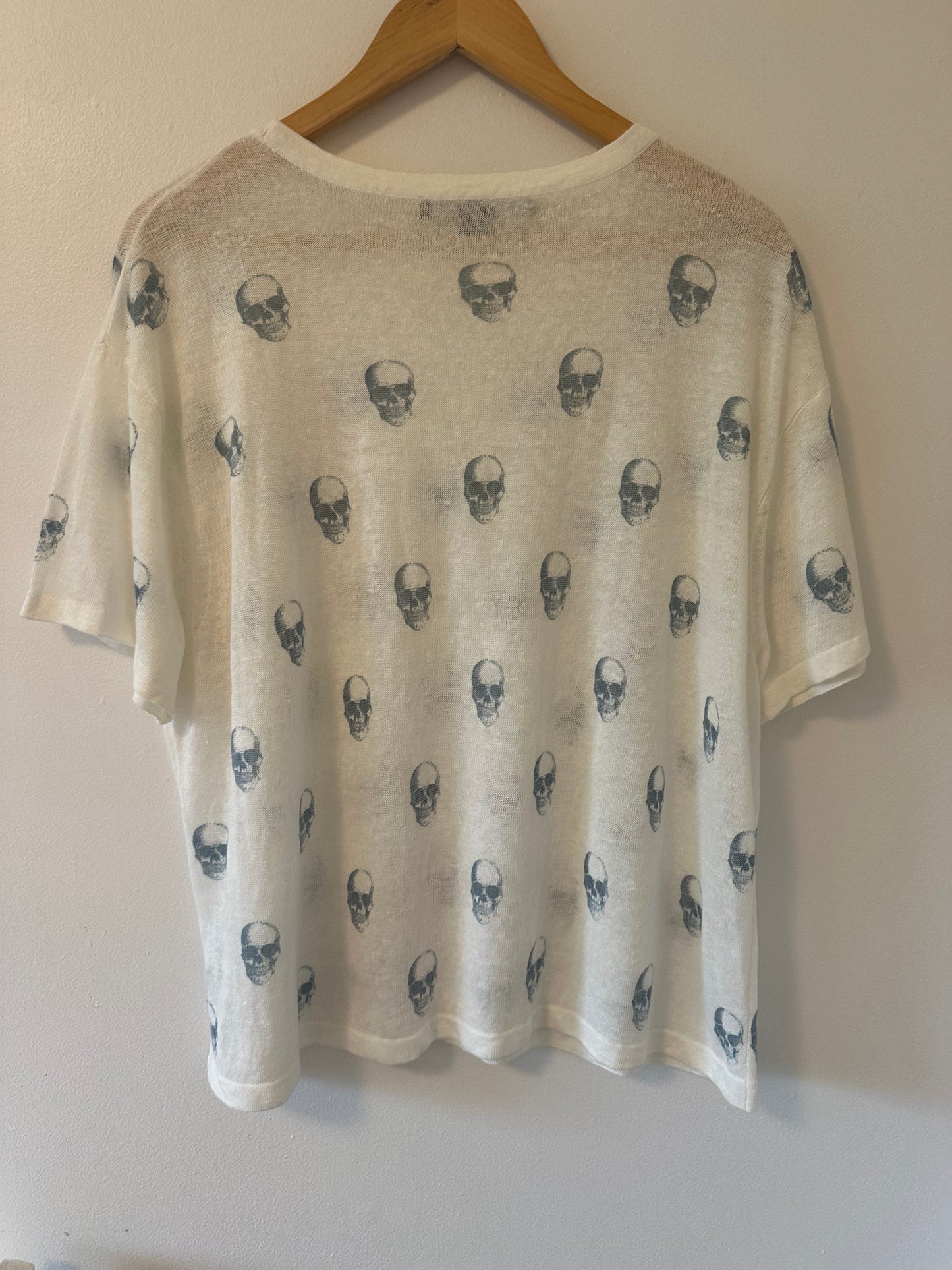Skull Cashmere White Short Sleeve Linen Tee with Skull Print Size Large