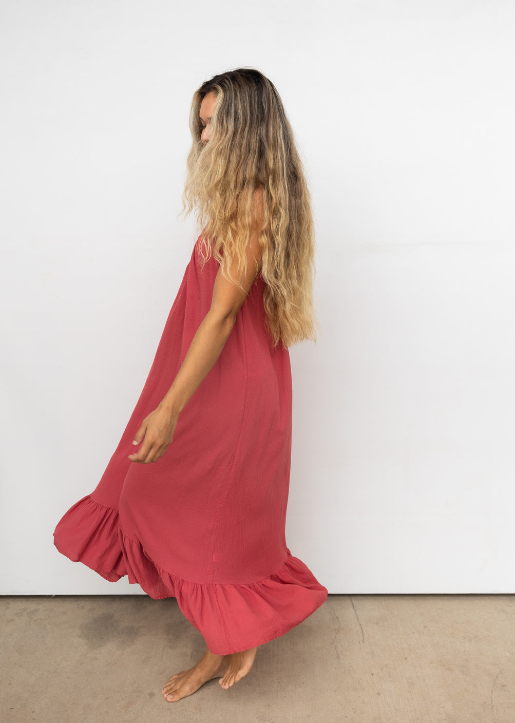 9seed Paloma Cotton Ruffle Maxi Dress in Guava