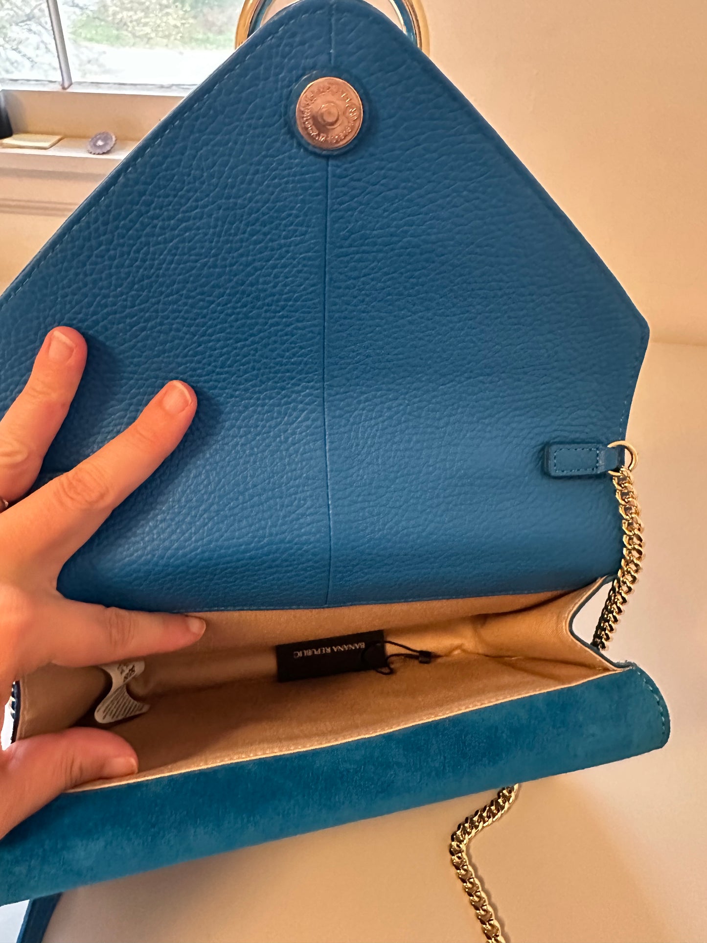 Banana Republic Bright Blue Suede Crossbody Bag with Gold Hardware and Chain