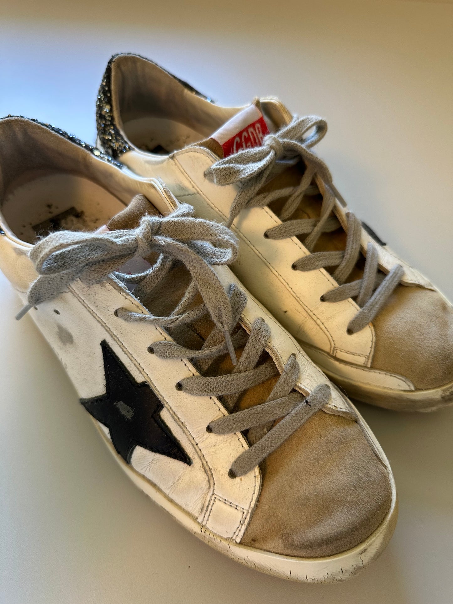 Golden Goose Super-Star Sneakers with a Star and Black Glitter Heel | Size 39