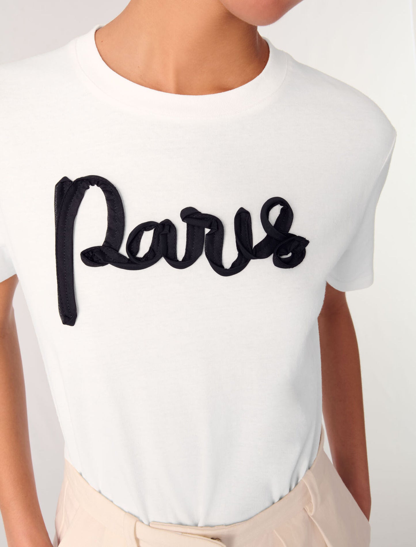 NWT Maje Cotton Short Sleeve Ribbon “Paris” T-Shirt | Size 3 (Large)