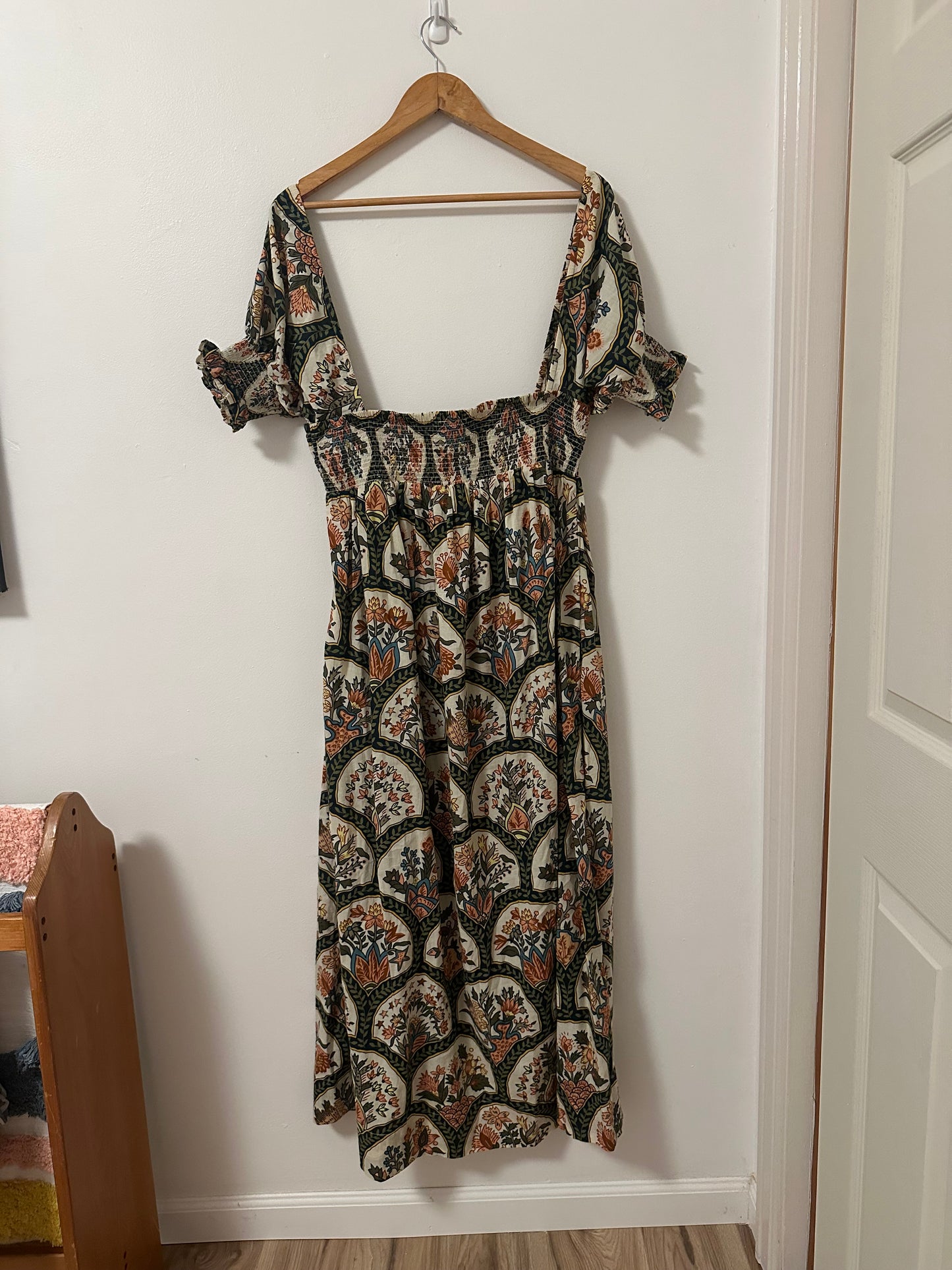 RHODE Resort Smocked Maxi Dress With Puff Sleeves in Mushroom Print | Size Small