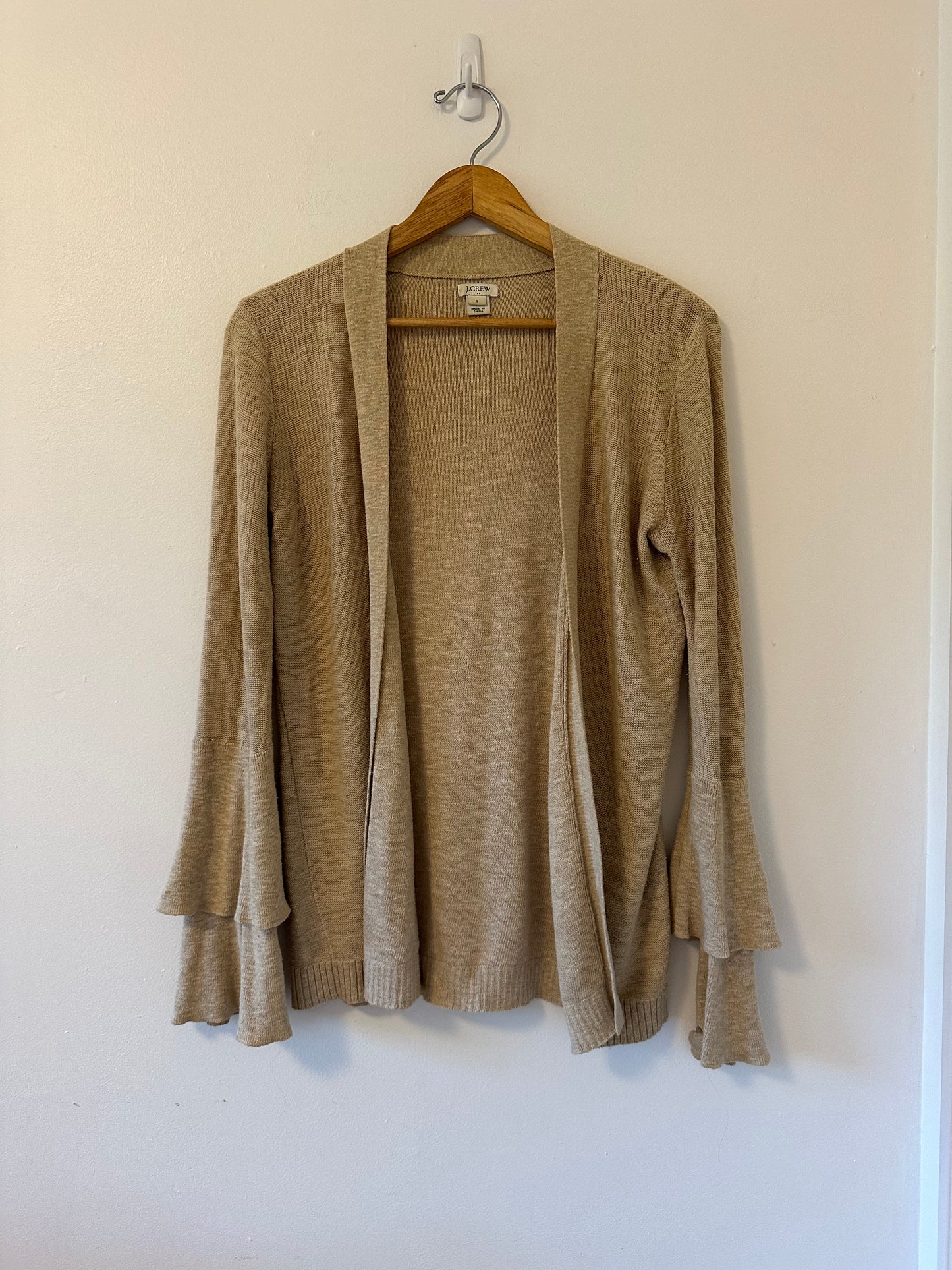 J. Crew Tiered Ruffle Sleeve Tan Open Cardigan Sweater | Size Small