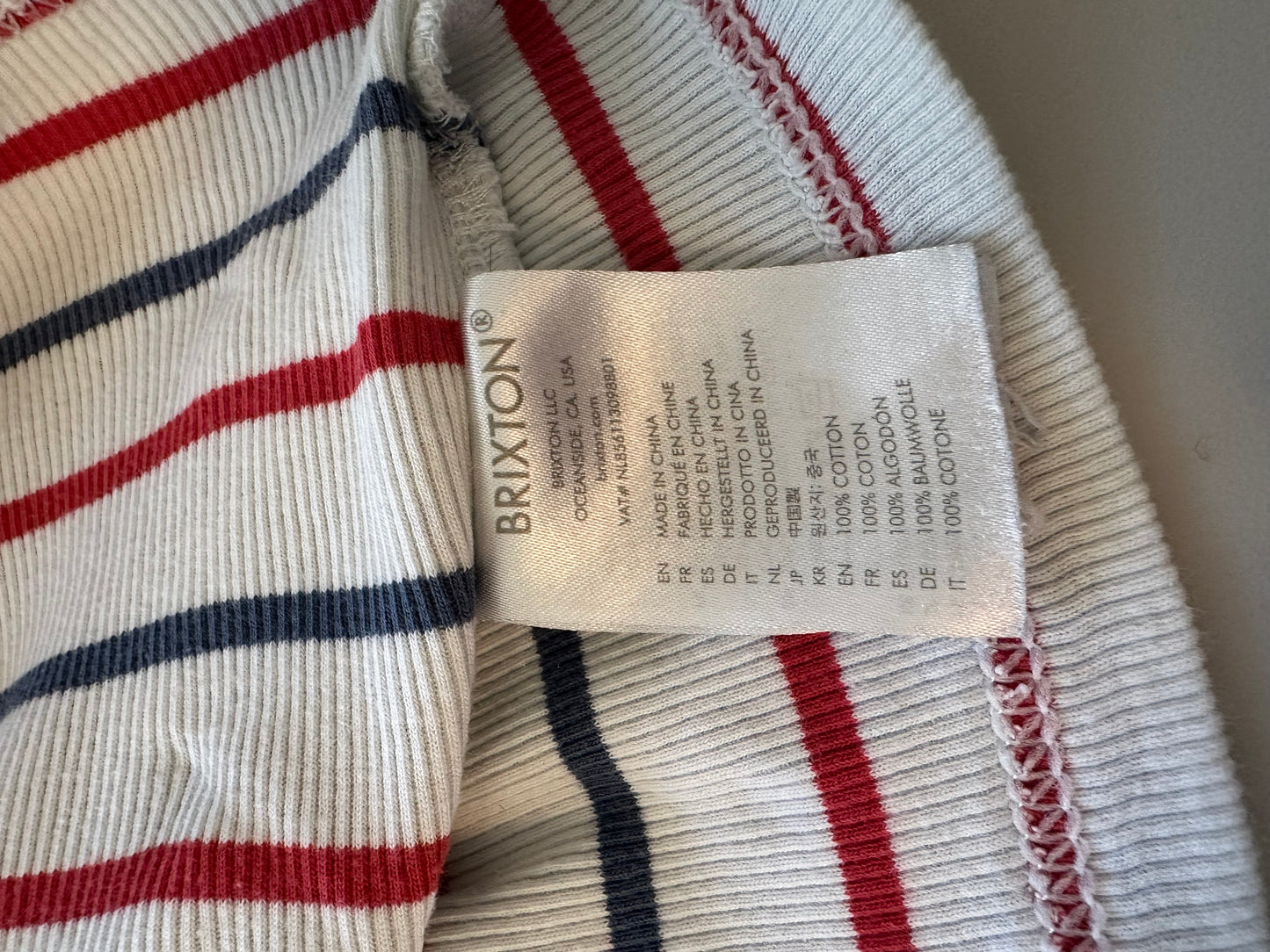 Brixton Red and Navy Striped Ribbed Tee | Size Extra Large