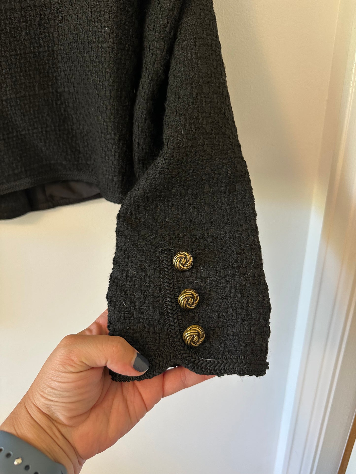 Aqua Black Tweed Textured Blazer Jacket with Gold Buttons | Size Medium