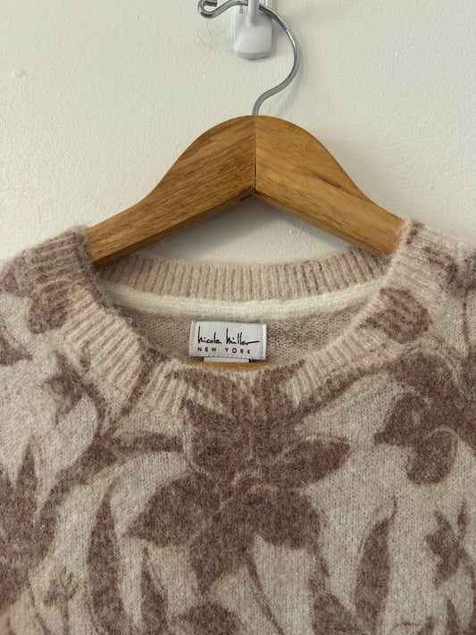 Nicole Miller Beige and Brown Floral Crewneck Sweater | Size Small
