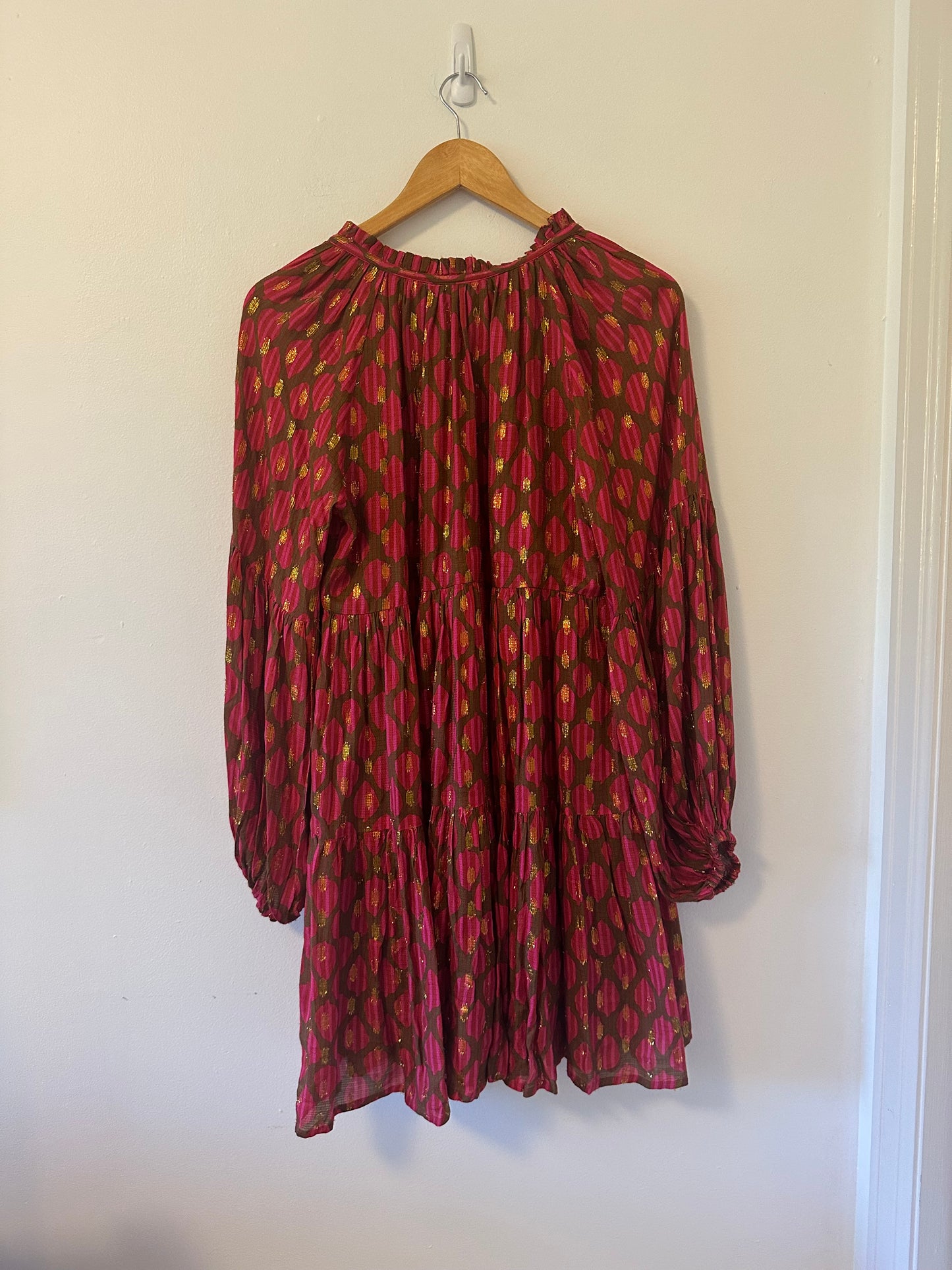 Oliphant - Fig Red and Pink Balloon Long Sleeve Tiered Ruffle Dress | Size Small