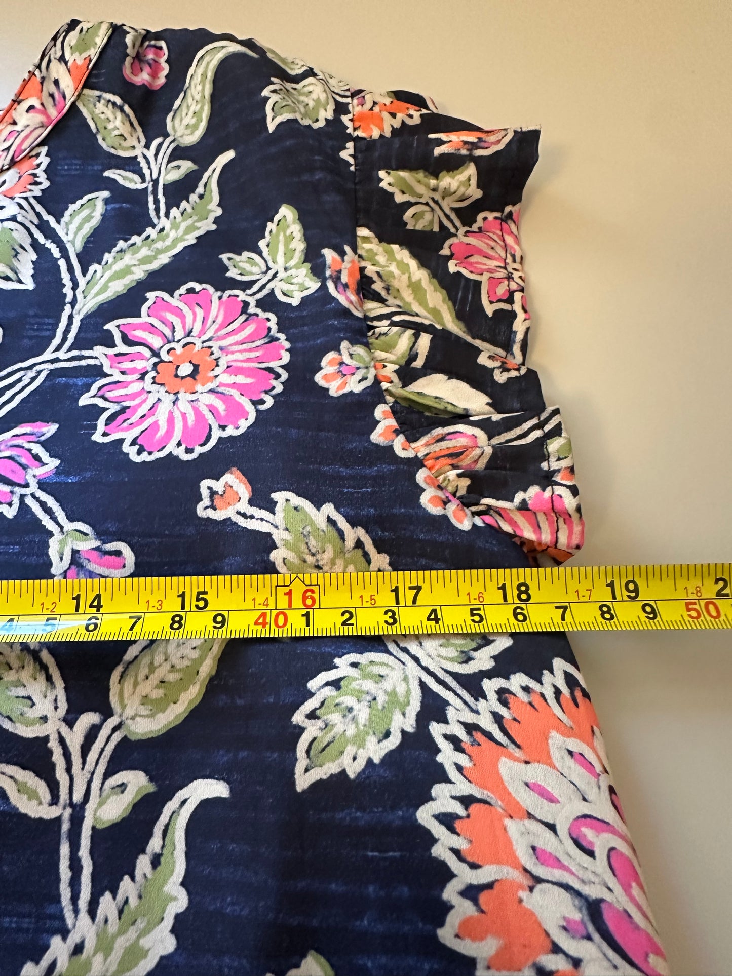 THML Navy Floral Ruffle V-Neck Mini Dress | Size Medium
