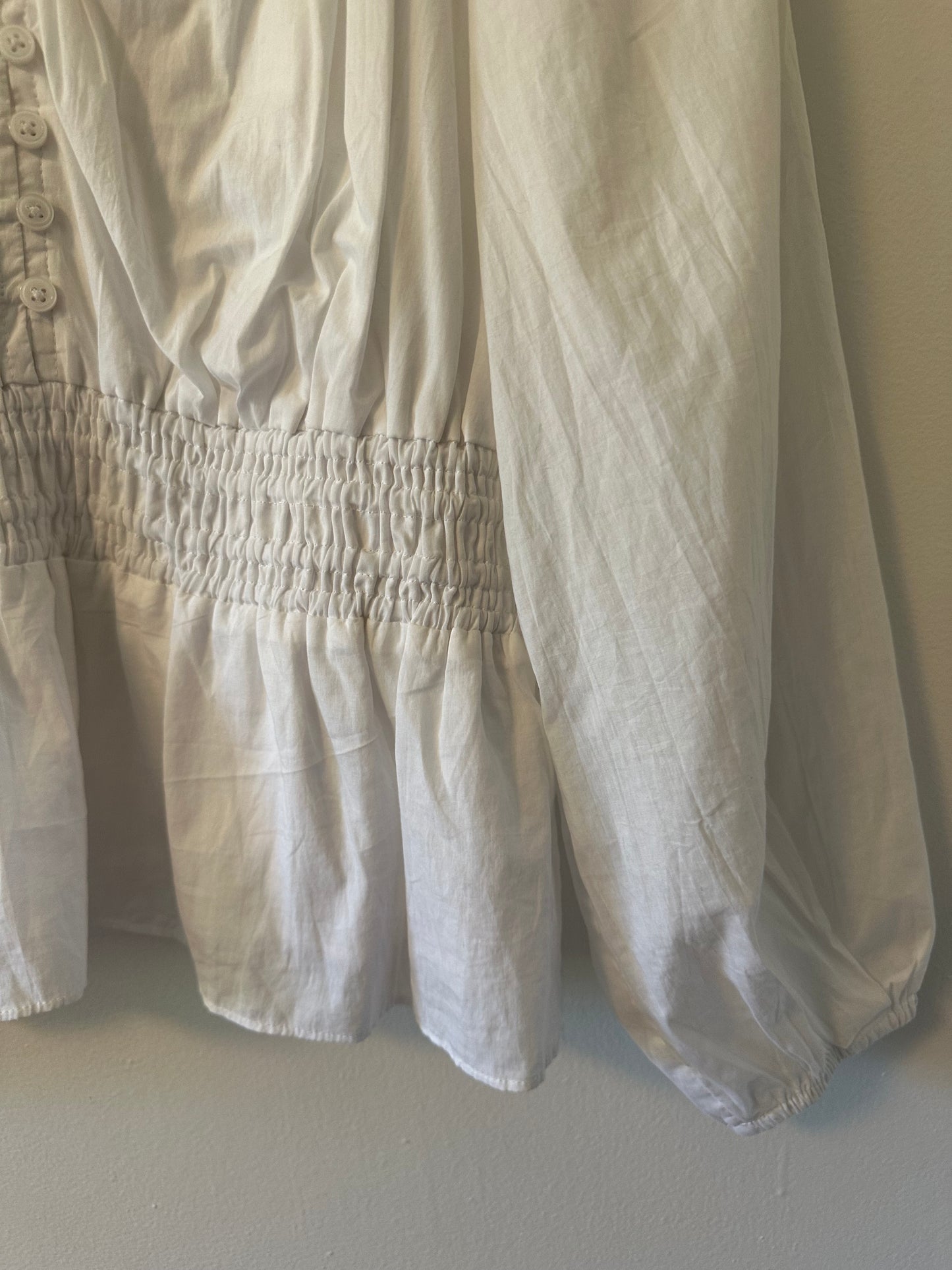 J. Crew V-Neck Cotton Blouse with Smocked Waist in White | Size Small