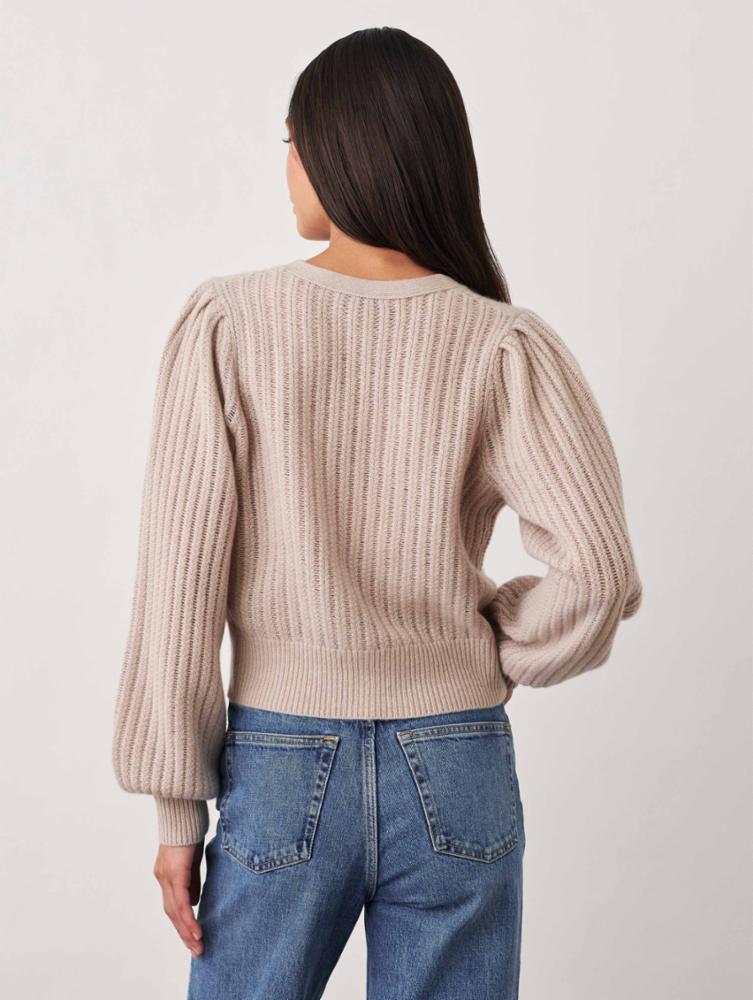 White + Warren Cashmere Textured Cardigan in Jute Heather | Size Small