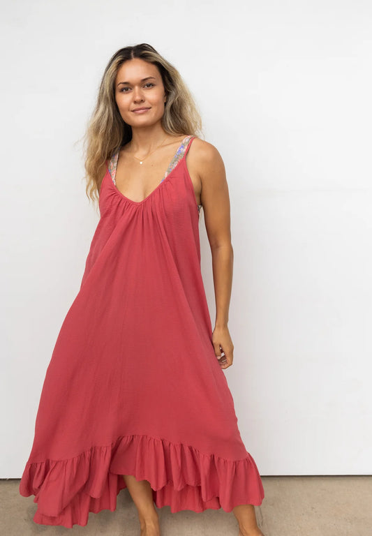 9seed Paloma Cotton Ruffle Maxi Dress in Guava