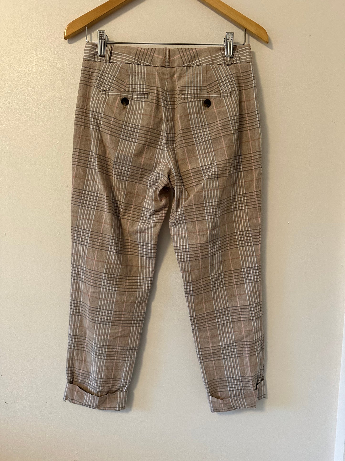 Banana Republic - Linen and Cotton Plaid Ankle Pants in Tan and Gray | Size 2P