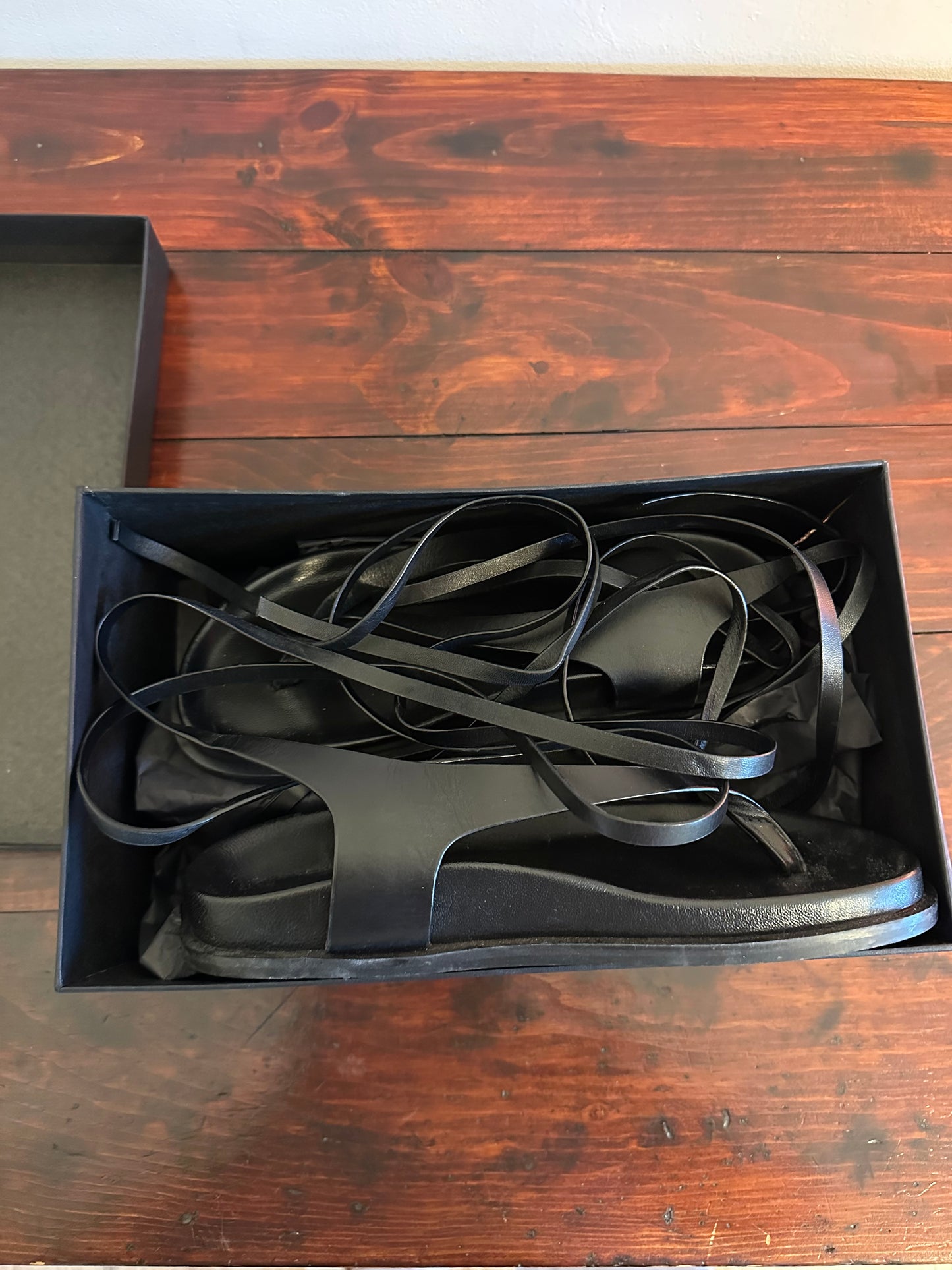A. Emery - Black Leather Ankle Wrap Gladiator Thong Sandals in Box | Size 38