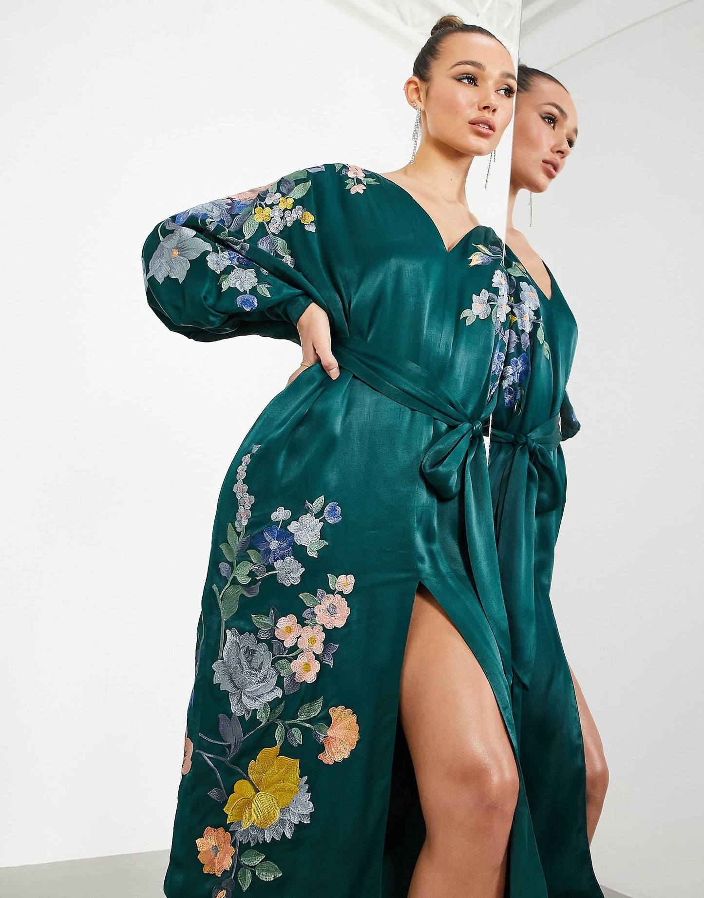 ASOS EDITION Satin Belted Dress with Floral Embroidery in Green - Size 6