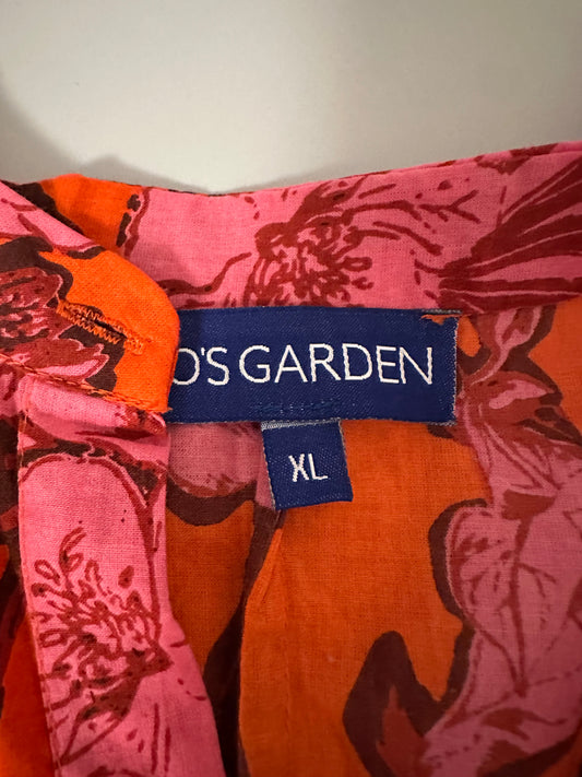 Ro's Garden Red and Pink Floral Cotton Botton-Down Pleated Blouse | Size XL