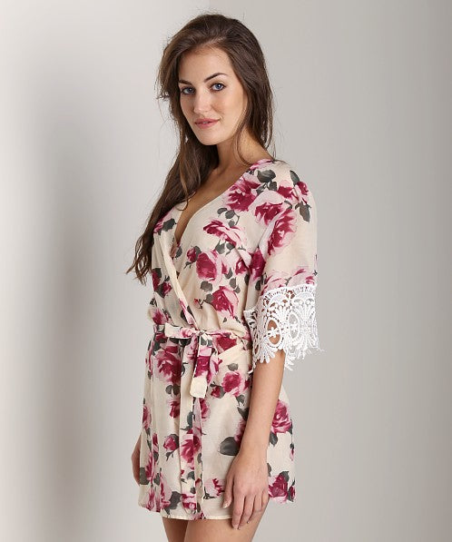 Stone Cold Fox Rose Garden Silk Robe with Lace Sleeves