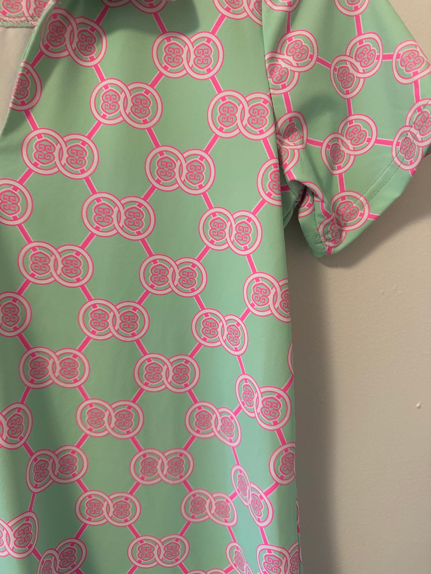Lulu-B - Green and Pink Geometric Stretchy Polo Shirt | Size XS