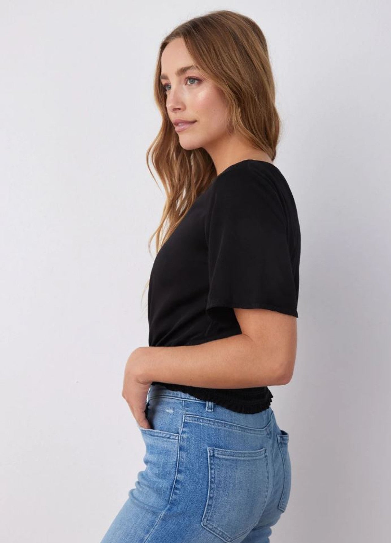 Bella Dahl Satin Smocked Waist Top in Black | Size Medium