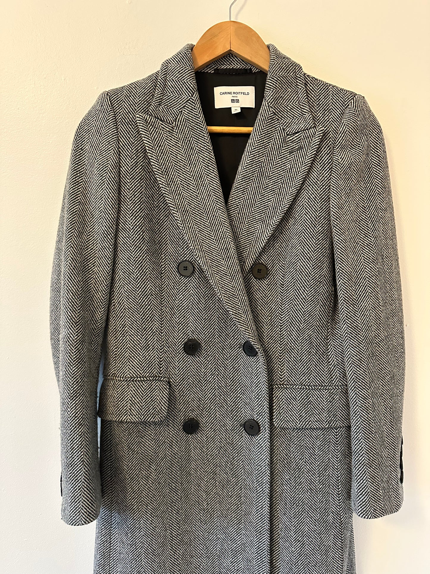 Uniqlo x Carine Roitfeld Herringbone Wool Blend Double Breasted Coat | Size XS