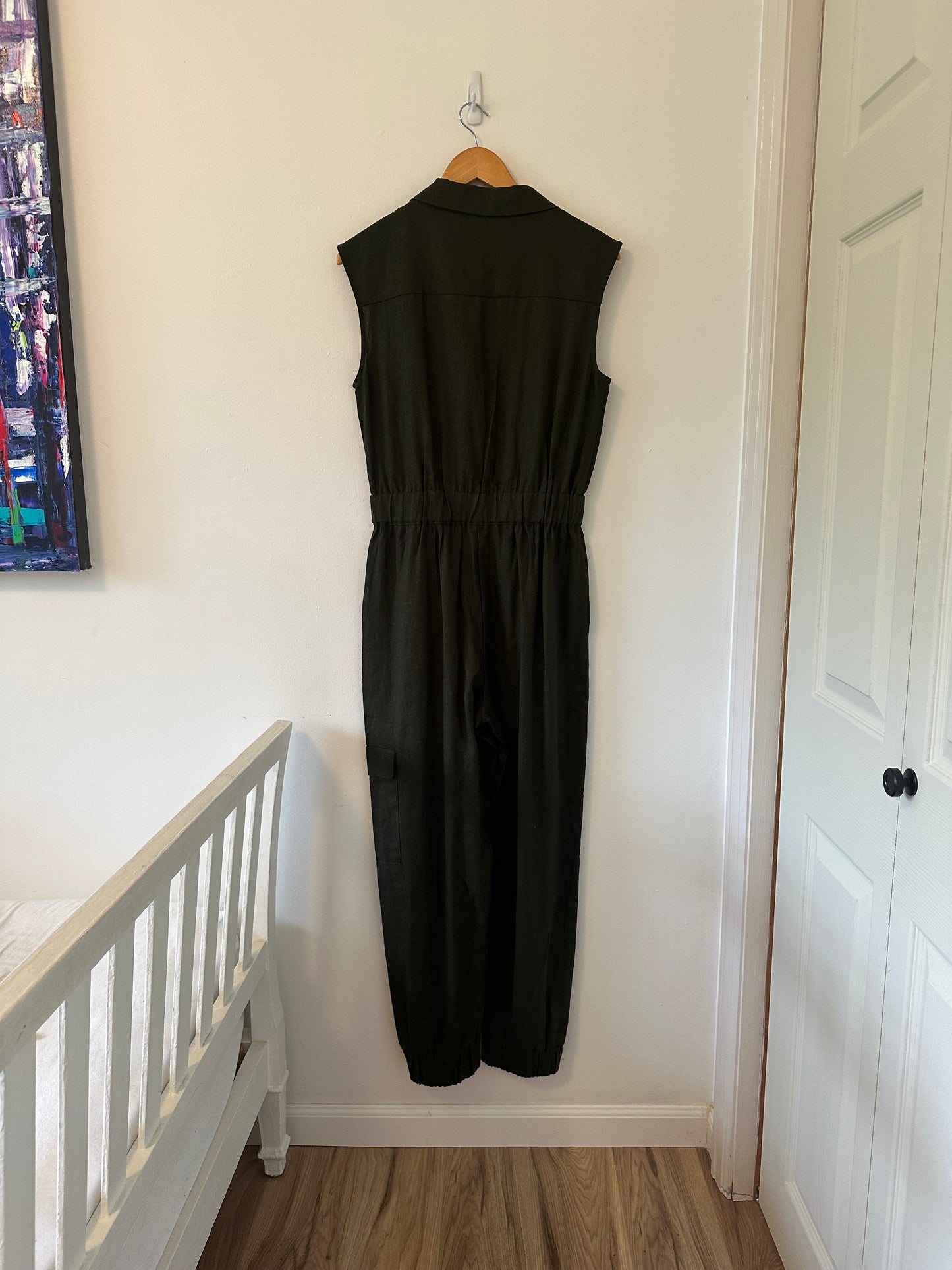 NWT Zara Olive Green Sleeveless Linen Jumpsuit Size Small