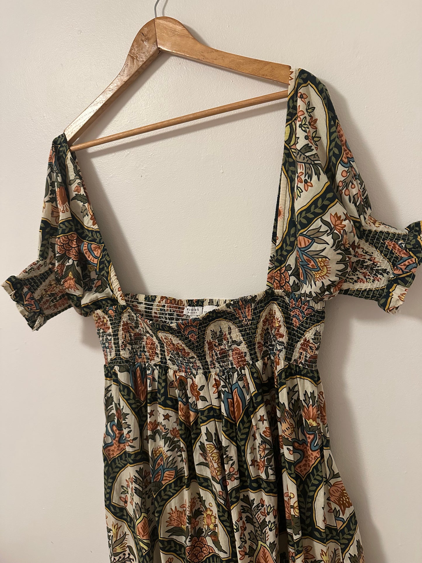 RHODE Resort Smocked Maxi Dress With Puff Sleeves in Mushroom Print | Size Small