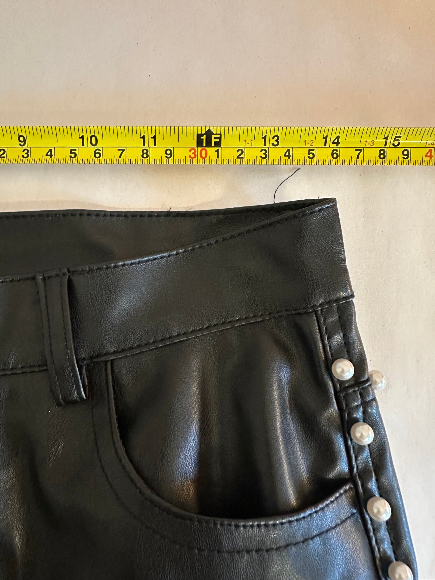 NWT Vibrant Black Leather Pants with Pearl Detailing - Size 28