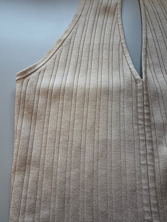 Doncaster Beige Ribbed Knit Silk Blend V-Neck Halter Top | Size Medium