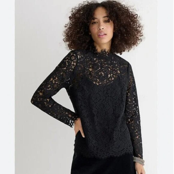 J. Crew Scalloped Black Lace Women's Mock Neck Blouse | Size 2