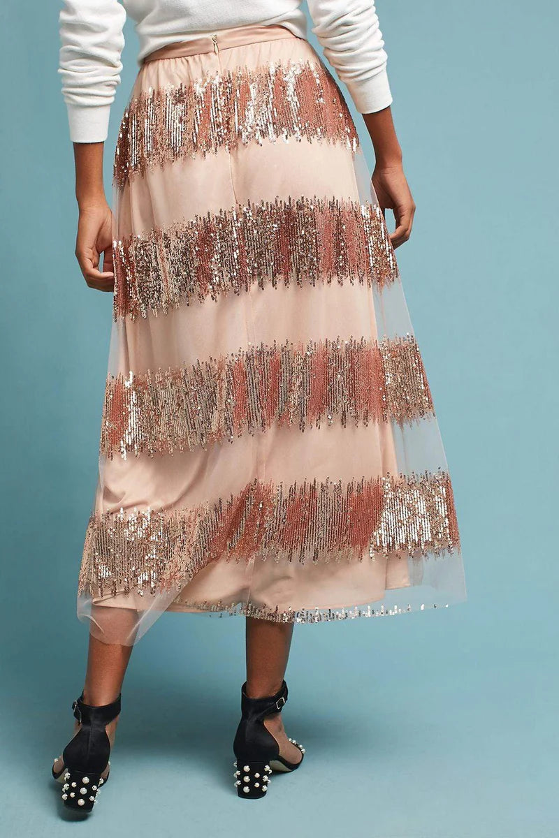 NWT Anthropologie Eva Franco Revelry Maxi Skirt in Blush Rose Sequin Tulle