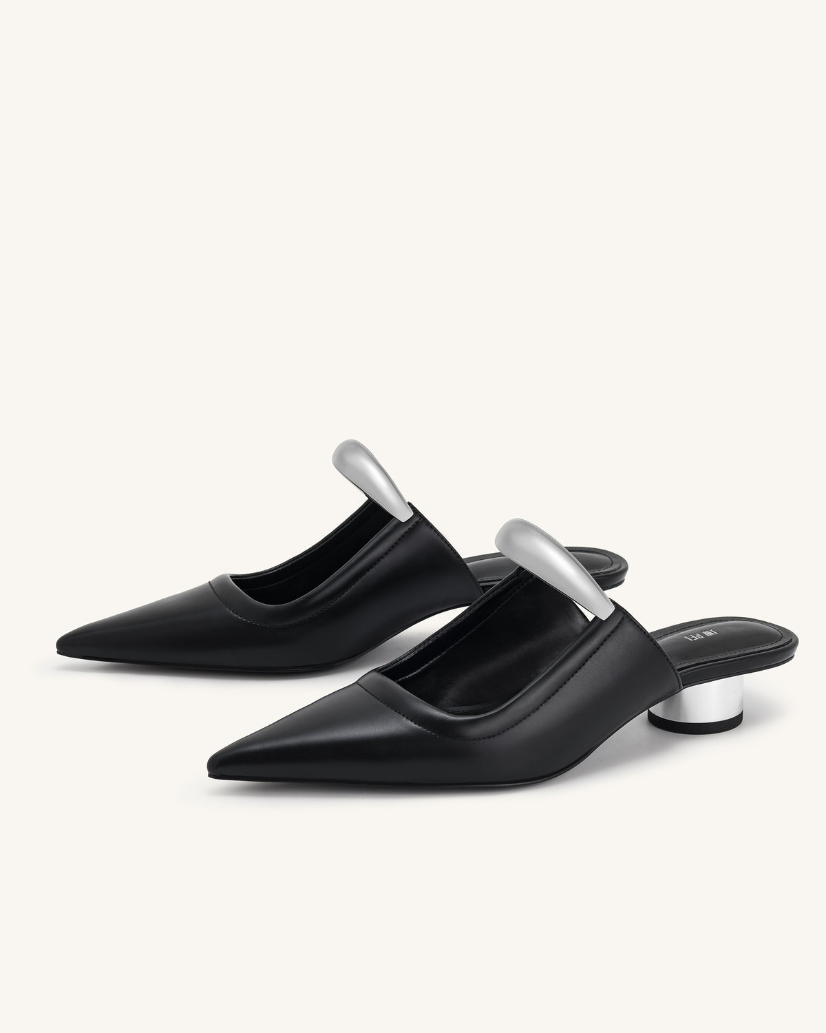 New JW PEI - Black Helena Pierced Mules with Silver Accents in Vegan Leather | Size 8