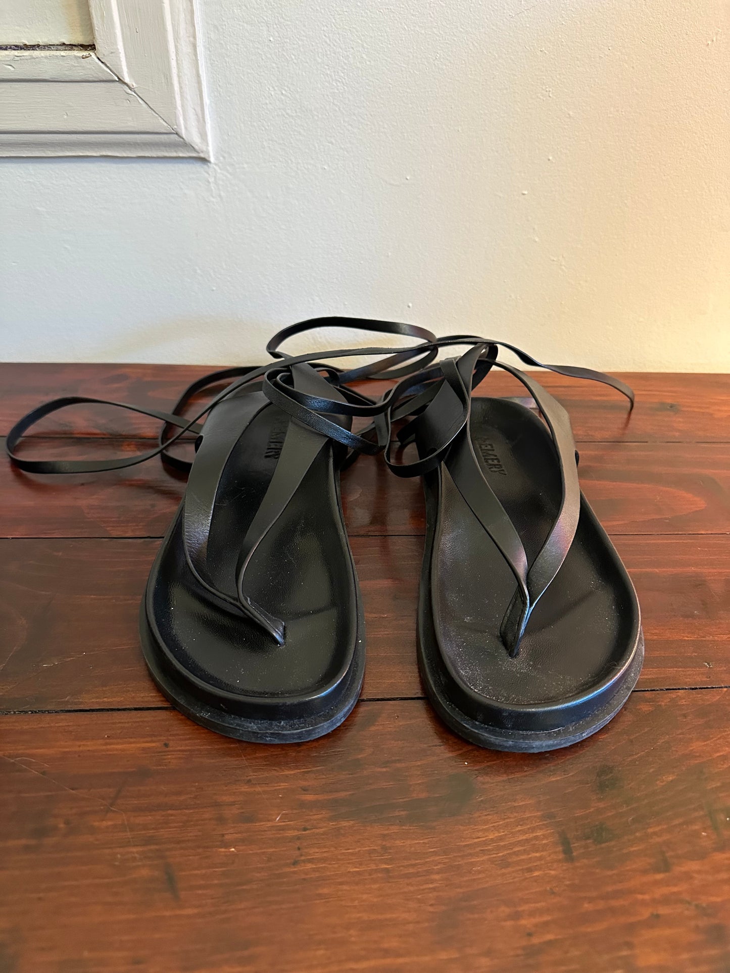 A. Emery - Black Leather Ankle Wrap Gladiator Thong Sandals in Box | Size 38
