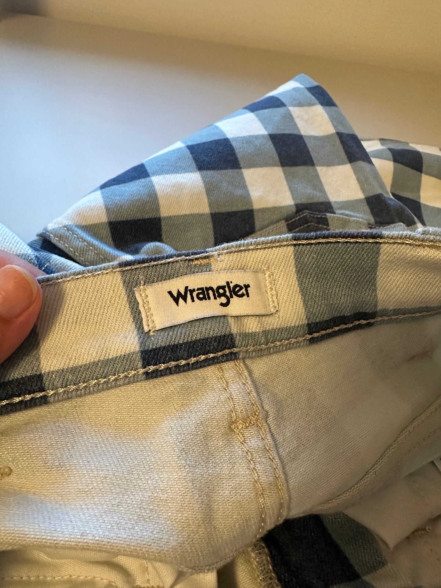 Wrangler - Wrock Gingham Kick Flare Blue and White Denim Jeans | Size 27