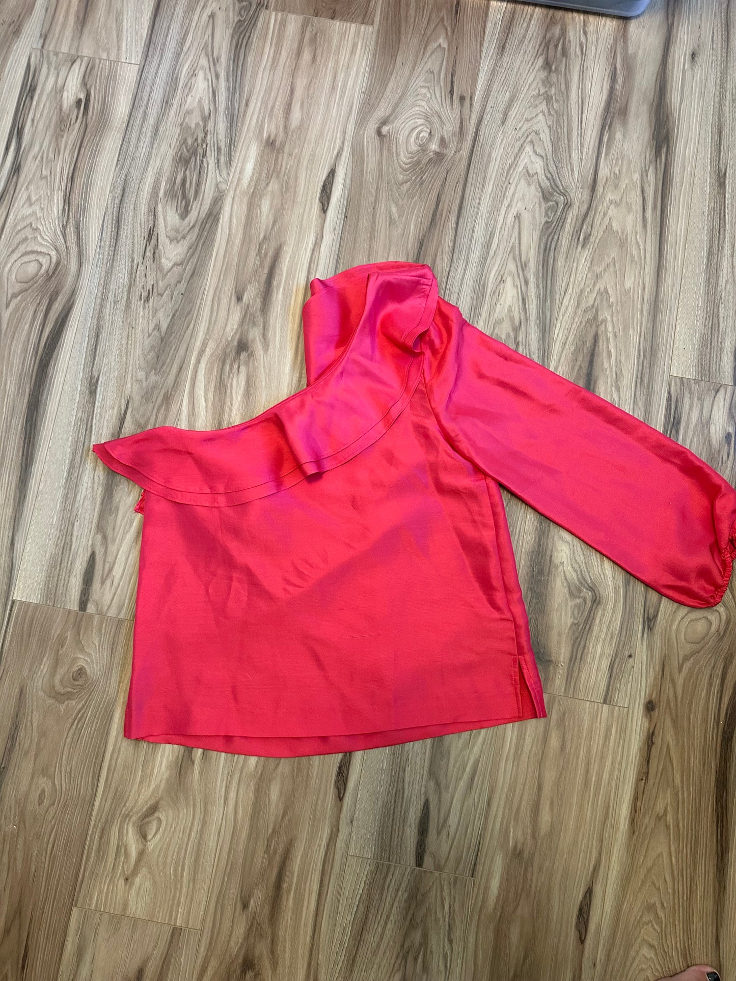 J. Crew Silk Shantung One-Shoulder Ruffle Blouse in Brilliant Poppy