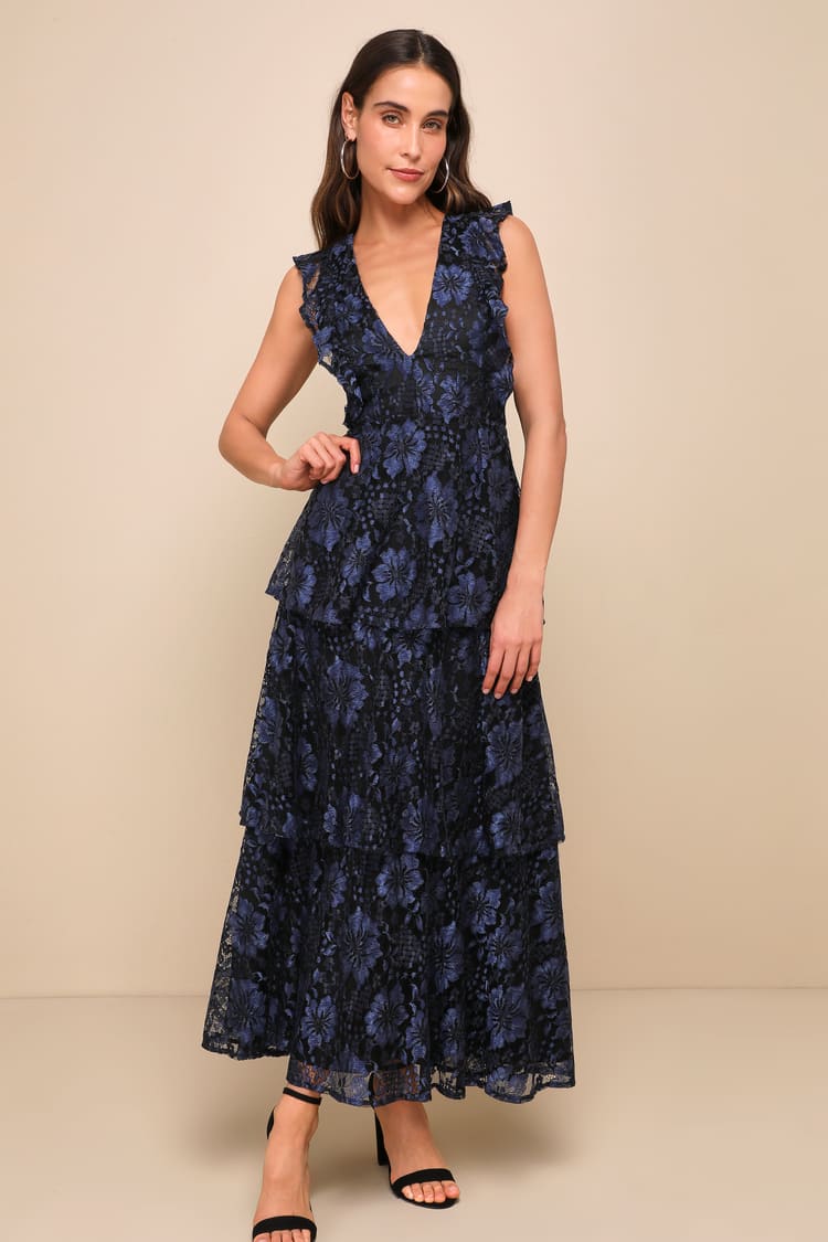 Lulu's Molinetto Navy Blue Lace Ruffled Tiered Sleeveless Maxi Dress | Size Large