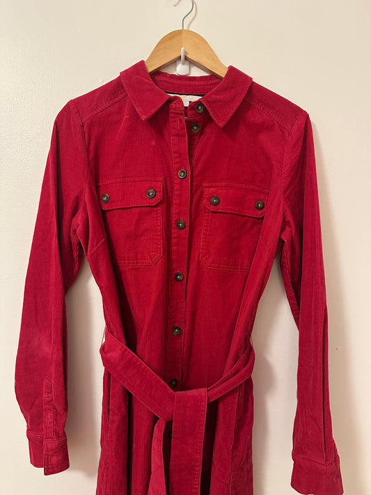 Boden Clara Corduroy Red Long Sleeve Belted Midi Dress | Size 10