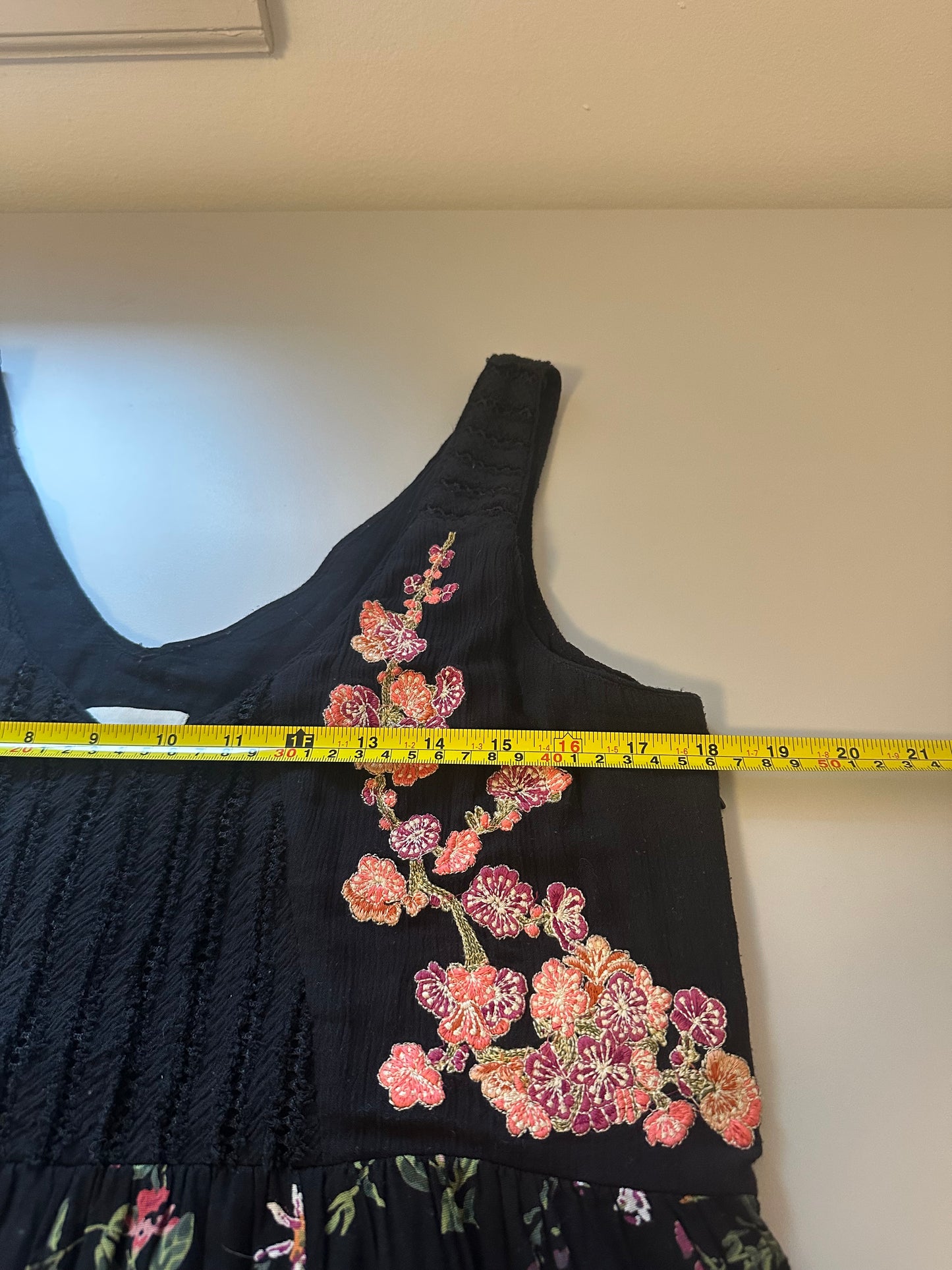 Maeve - Black V-Neck Dress with Pink Floral Embroidery | Size XS