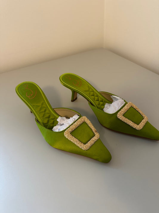Sam Edelman Green Brit Mules with Gold Buckle and Kitten Heel | Size 7