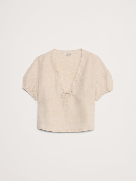 Banana Republic Linen Tie Front V Neck Top in Natural Size Large